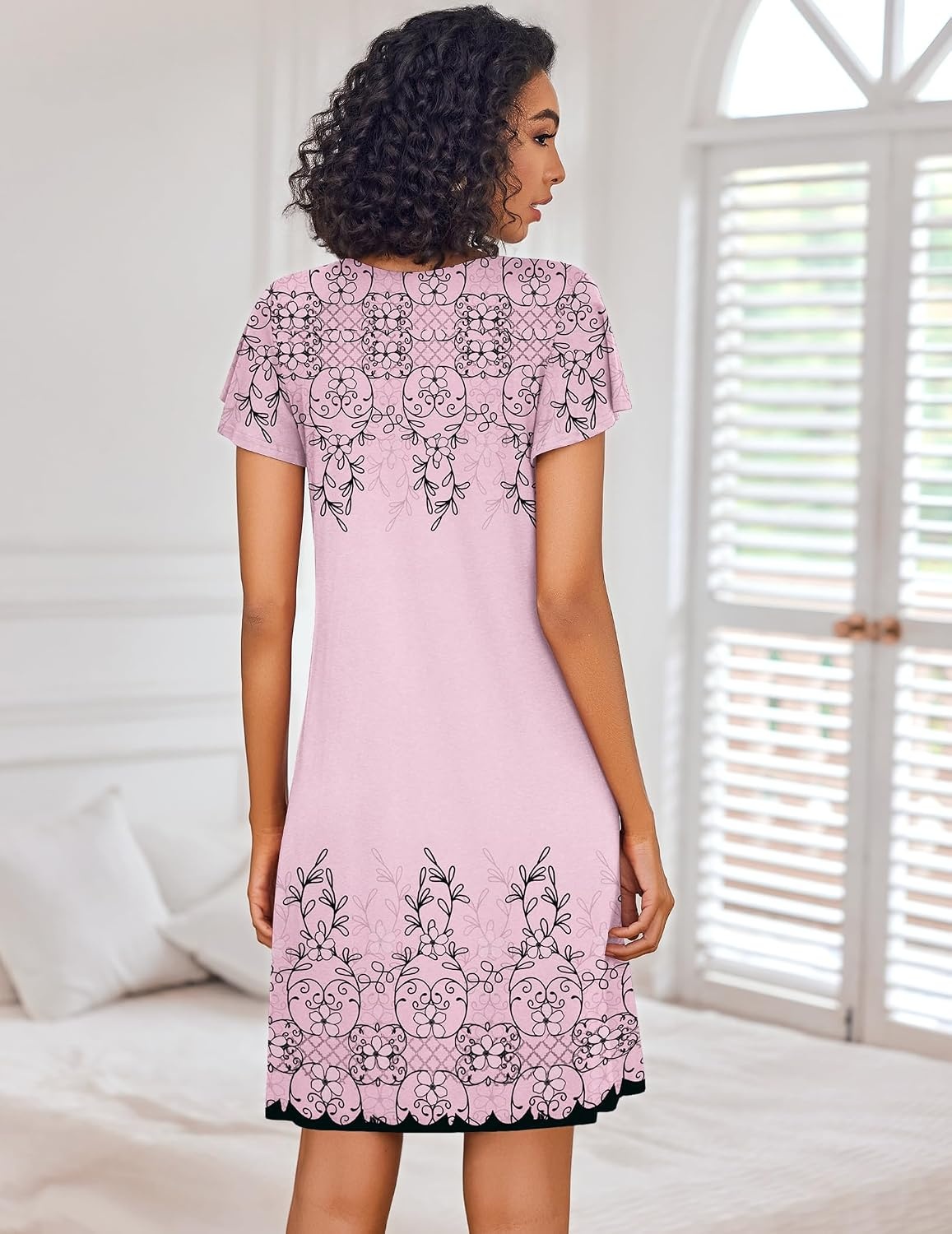 image:imageEkouaer Nightgowns for Women Short Sleeve House Dress Pleated Night GownPink Floral