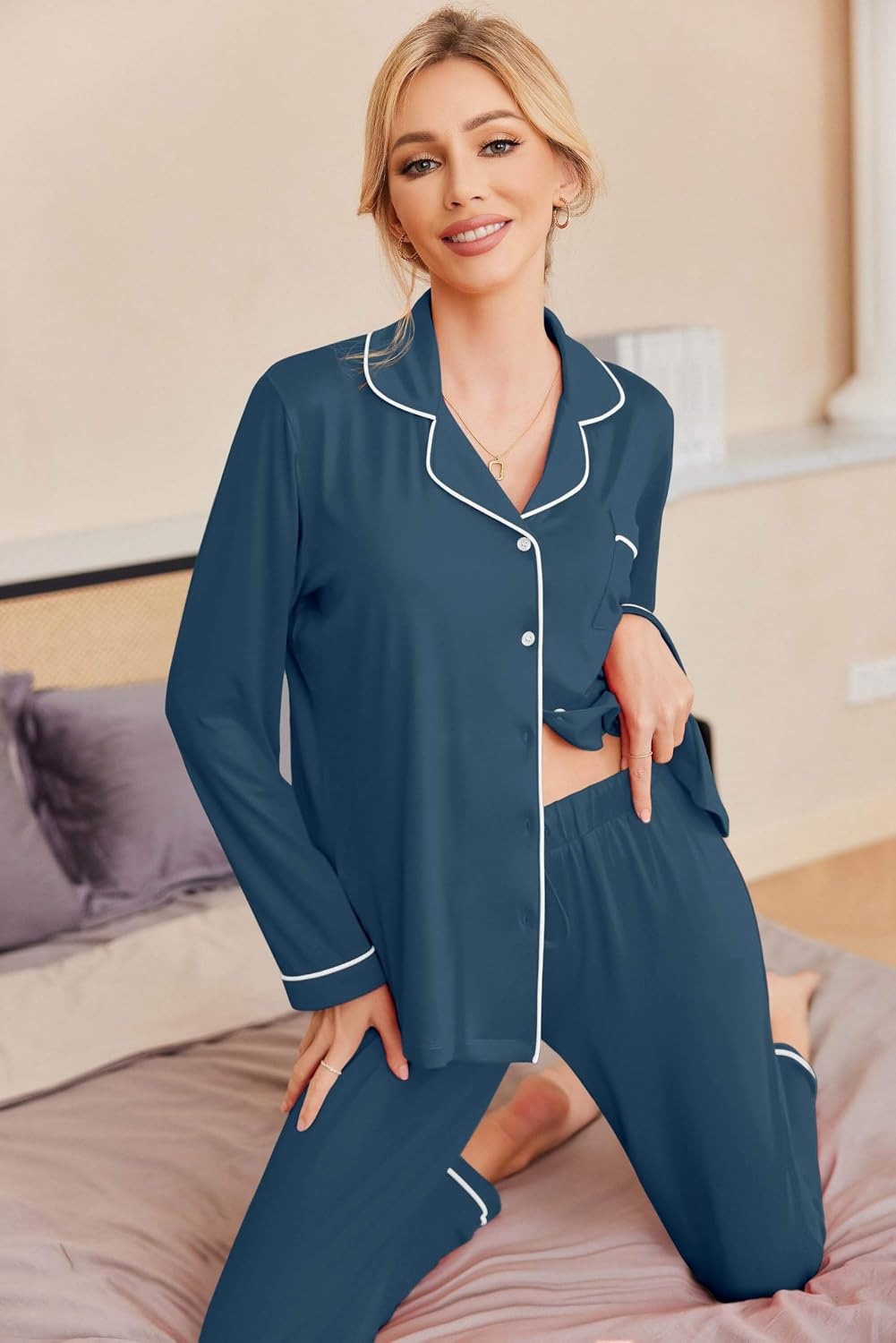 image:imageEkouaer Pajamas Womens Long Sleeve Sleepwear Button Down Loungewear Pjs SetDark Blue