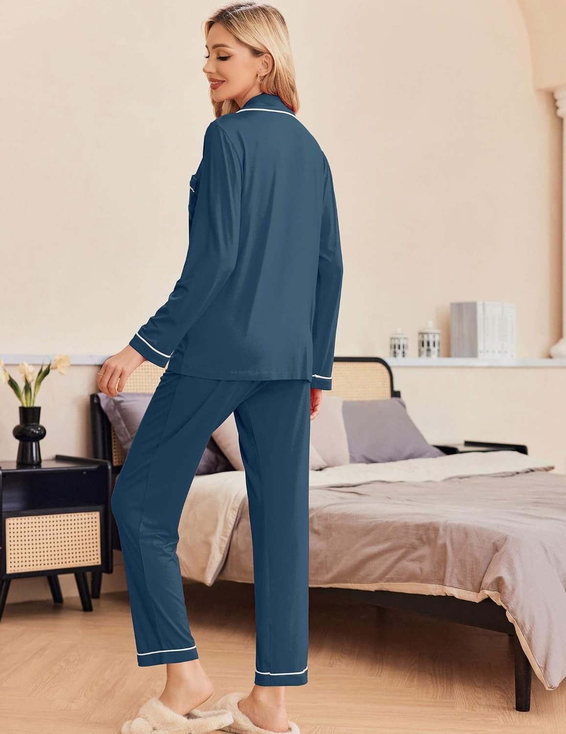 image:imageEkouaer Pajamas Womens Long Sleeve Sleepwear Button Down Loungewear Pjs SetDark Blue