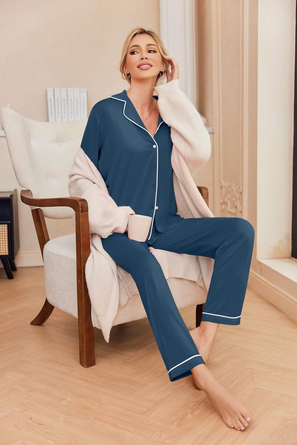 image:imageEkouaer Pajamas Womens Long Sleeve Sleepwear Button Down Loungewear Pjs SetDark Blue