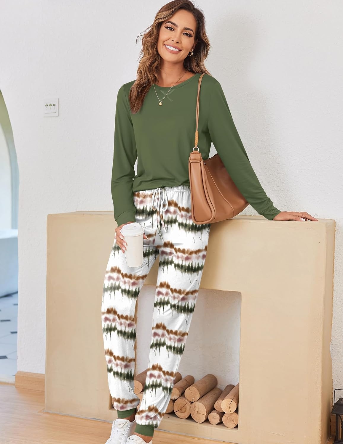 image:imageEkouaer Pajamas for Women Comfy Long Sleeve Jogger Set Lounge Pjs SetArmy Green Stripes