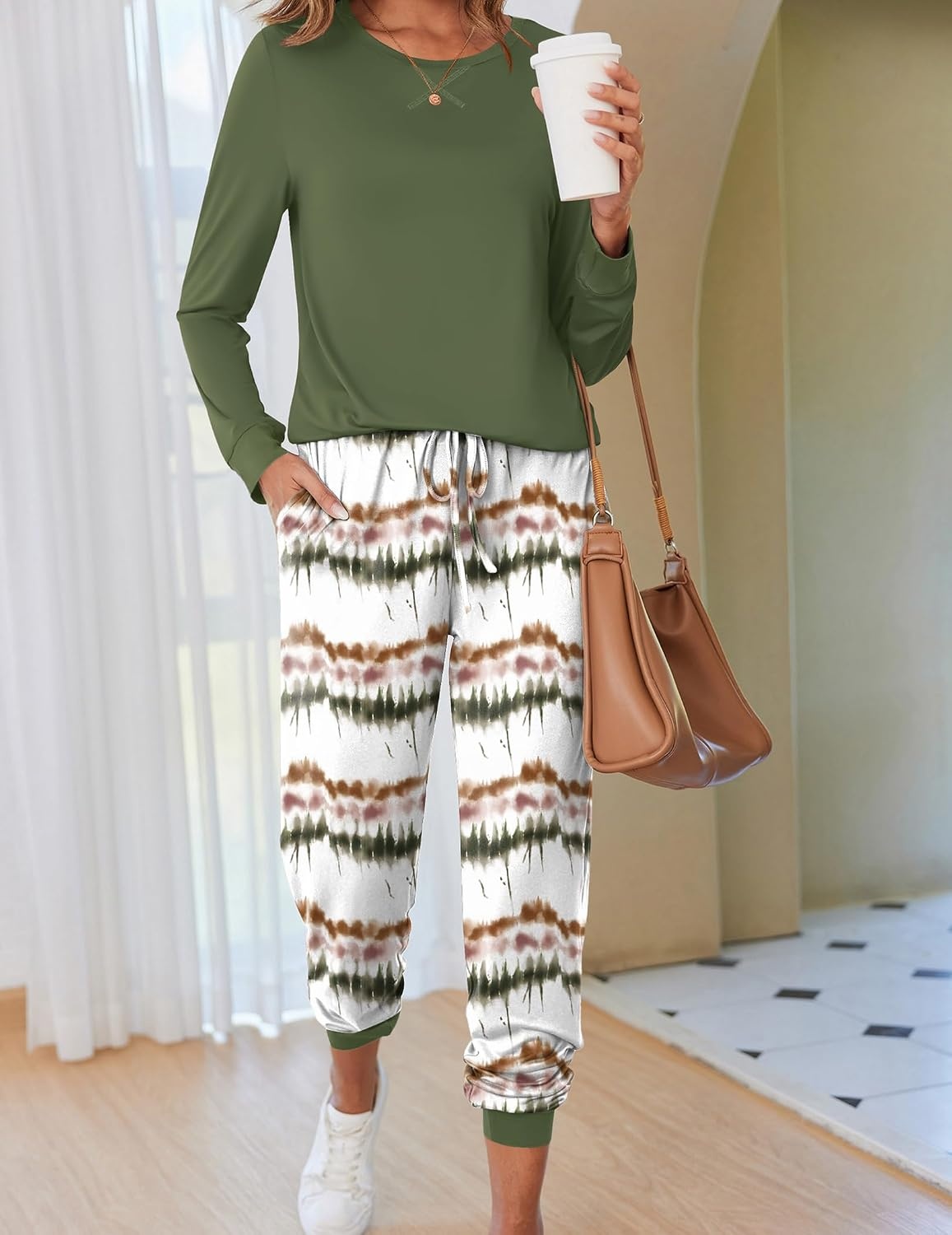 image:imageEkouaer Pajamas for Women Comfy Long Sleeve Jogger Set Lounge Pjs SetArmy Green Stripes
