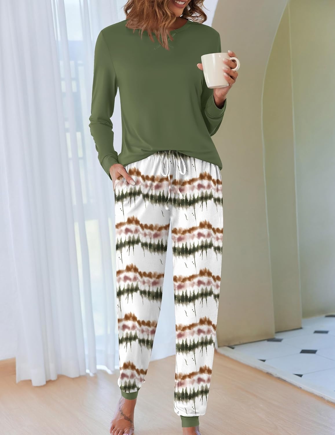 image:imageEkouaer Pajamas for Women Comfy Long Sleeve Jogger Set Lounge Pjs SetArmy Green Stripes