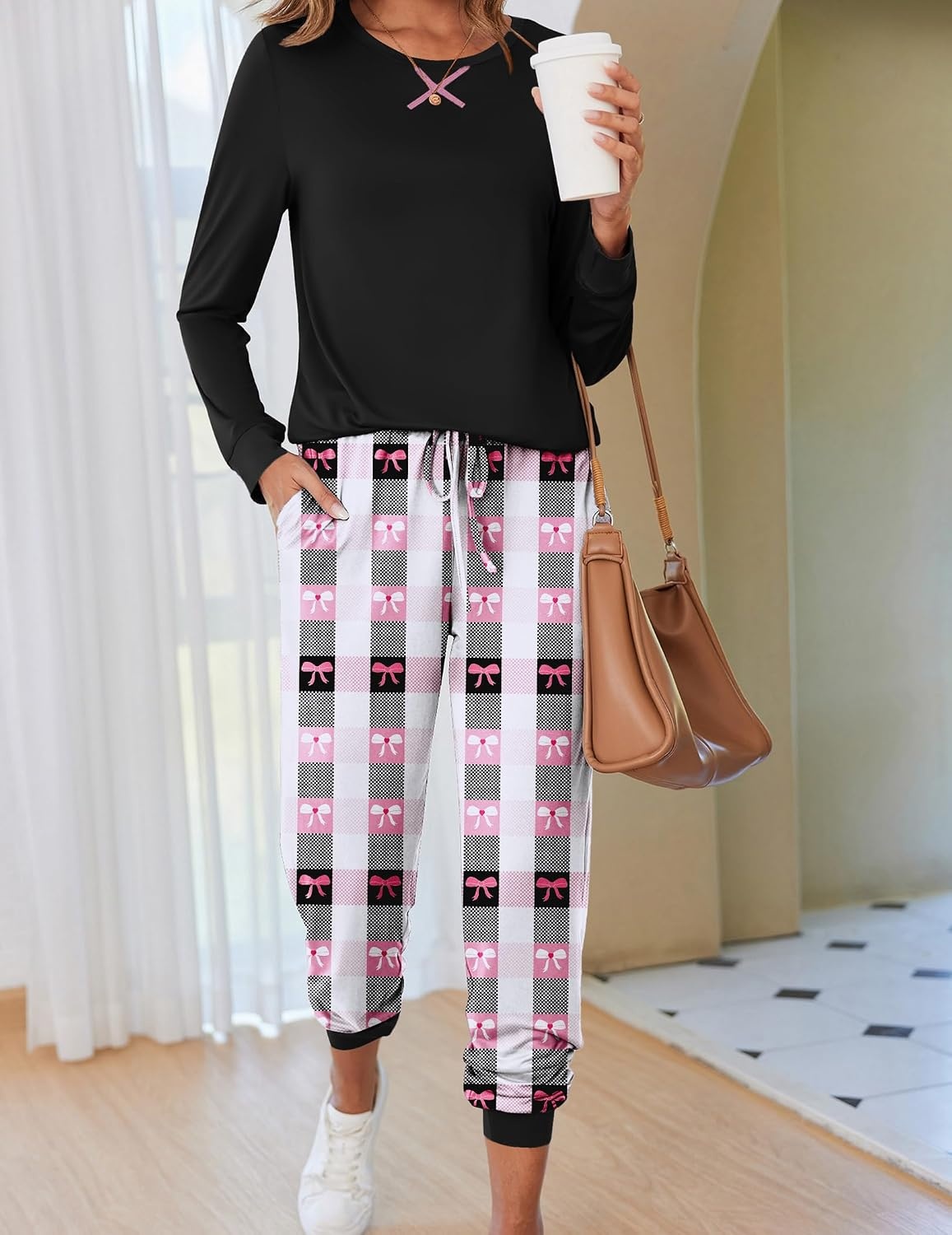 image:imageEkouaer Pajamas for Women Comfy Long Sleeve Jogger Set Lounge Pjs SetBlack Pink Contrast Plaid