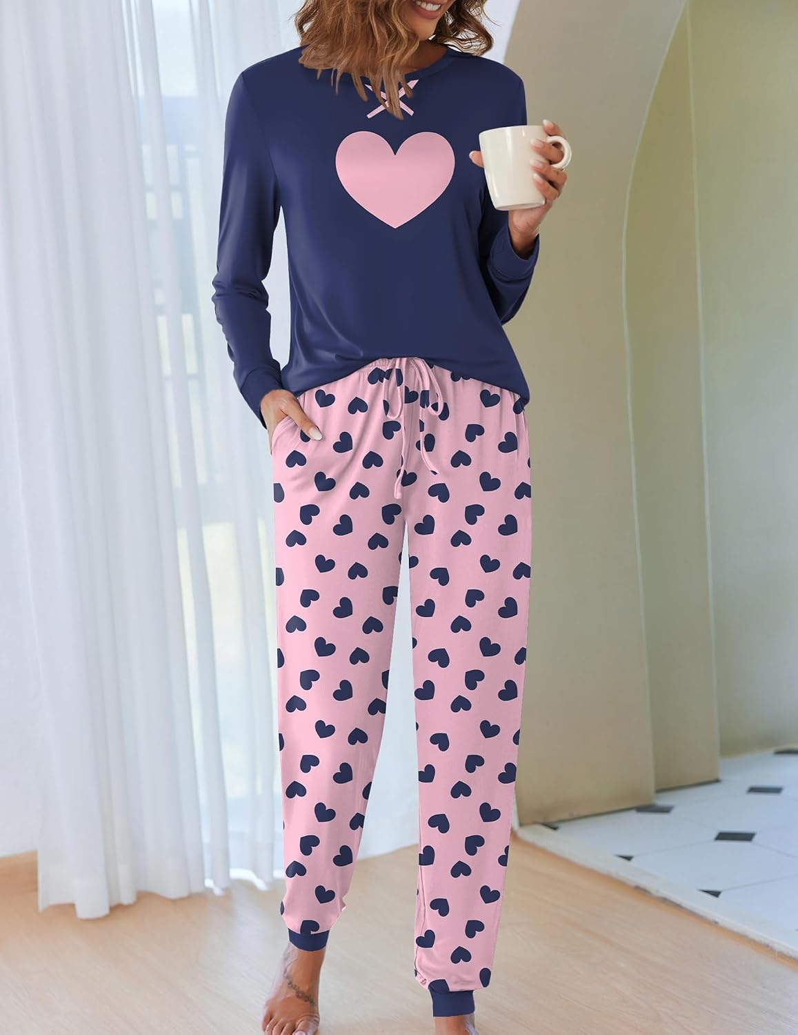 image:imageEkouaer Pajamas for Women Comfy Long Sleeve Jogger Set Lounge Pjs SetBlue Pink Hearts