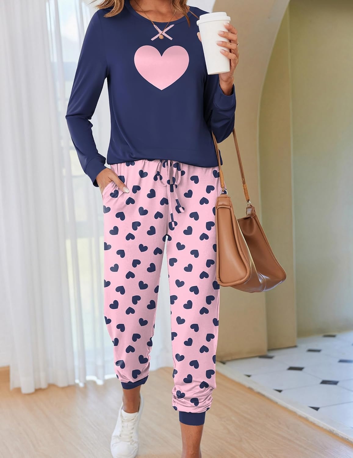 image:imageEkouaer Pajamas for Women Comfy Long Sleeve Jogger Set Lounge Pjs SetBlue Pink Hearts