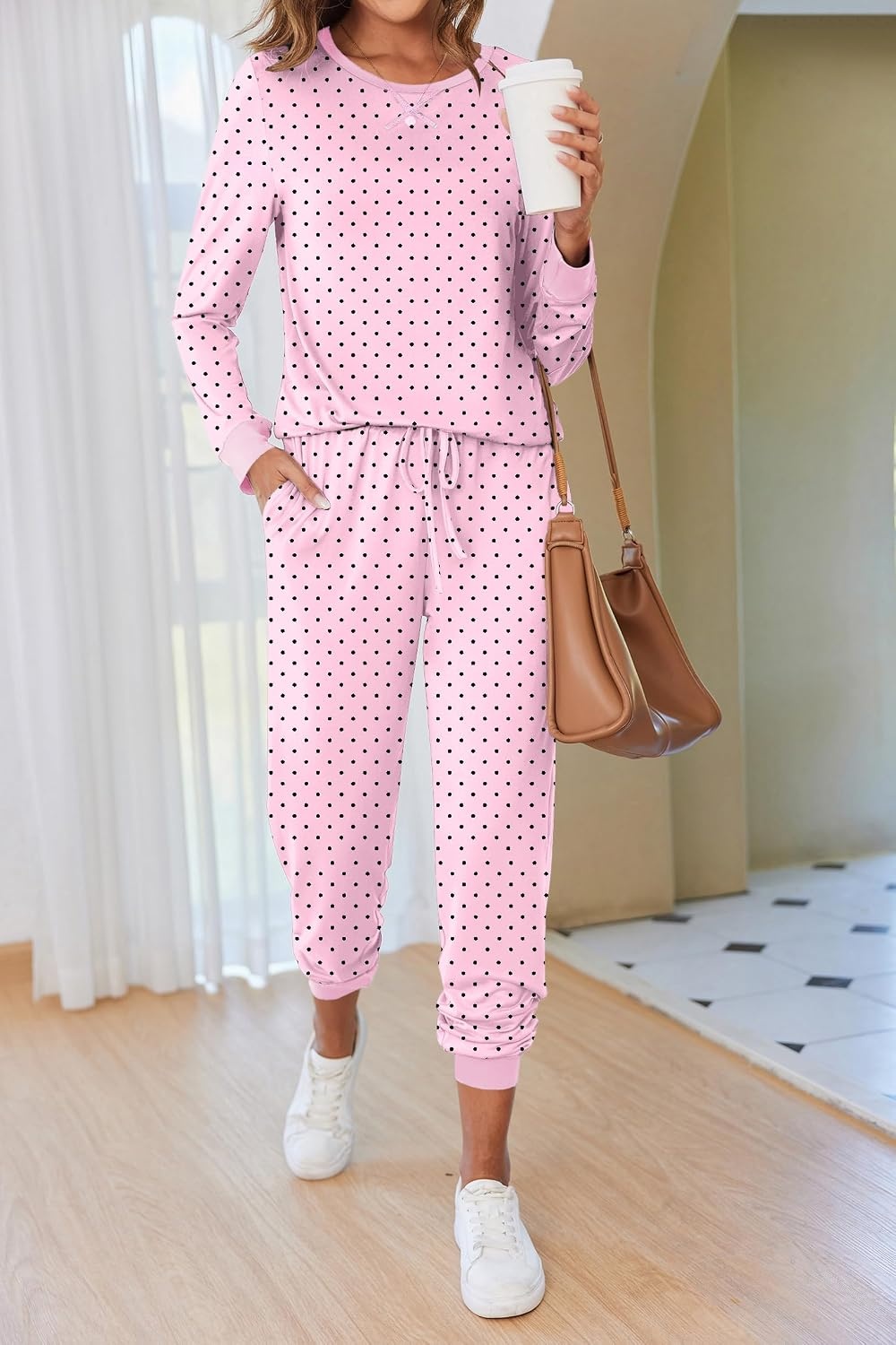 image:imageEkouaer Pajamas for Women Comfy Long Sleeve Jogger Set Lounge Pjs SetCute Pink Polka Dots