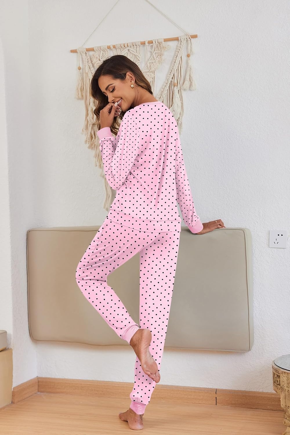image:imageEkouaer Pajamas for Women Comfy Long Sleeve Jogger Set Lounge Pjs SetCute Pink Polka Dots