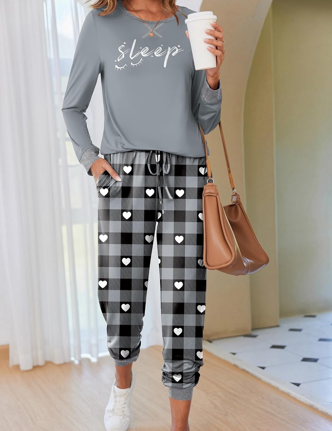 image:imageEkouaer Pajamas for Women Comfy Long Sleeve Jogger Set Lounge Pjs SetGrey Contrast Plaid