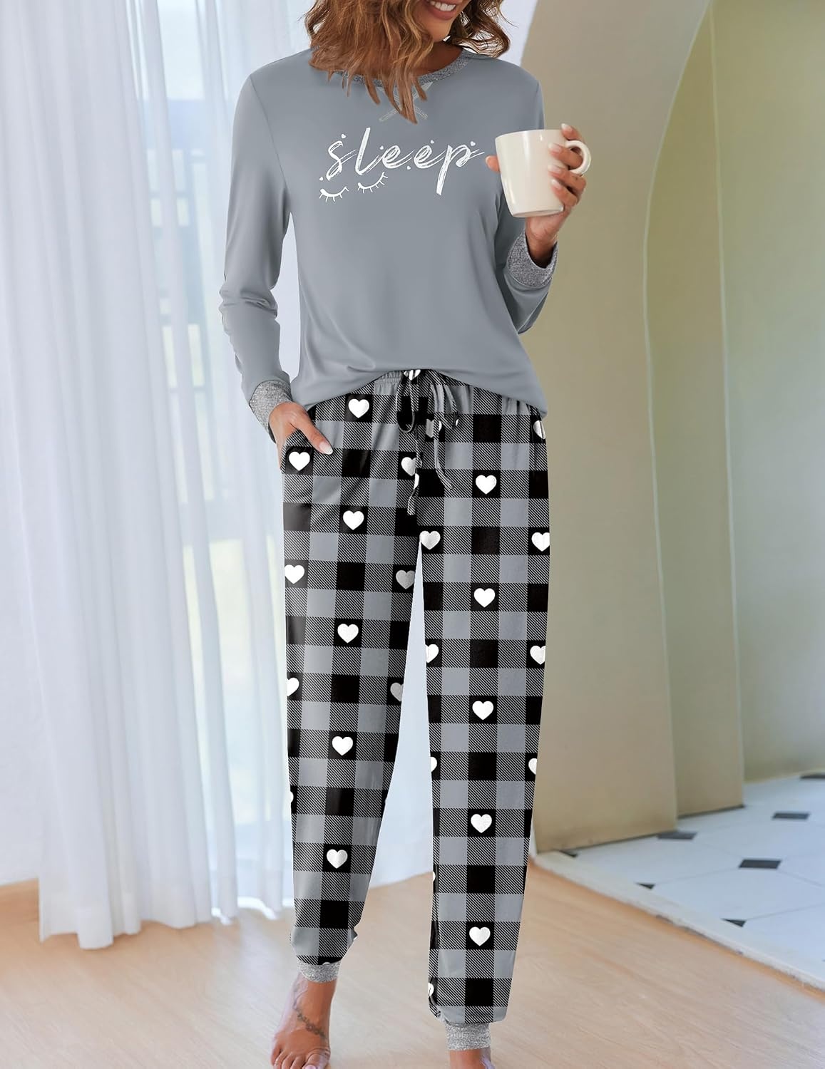 image:imageEkouaer Pajamas for Women Comfy Long Sleeve Jogger Set Lounge Pjs SetGrey Contrast Plaid