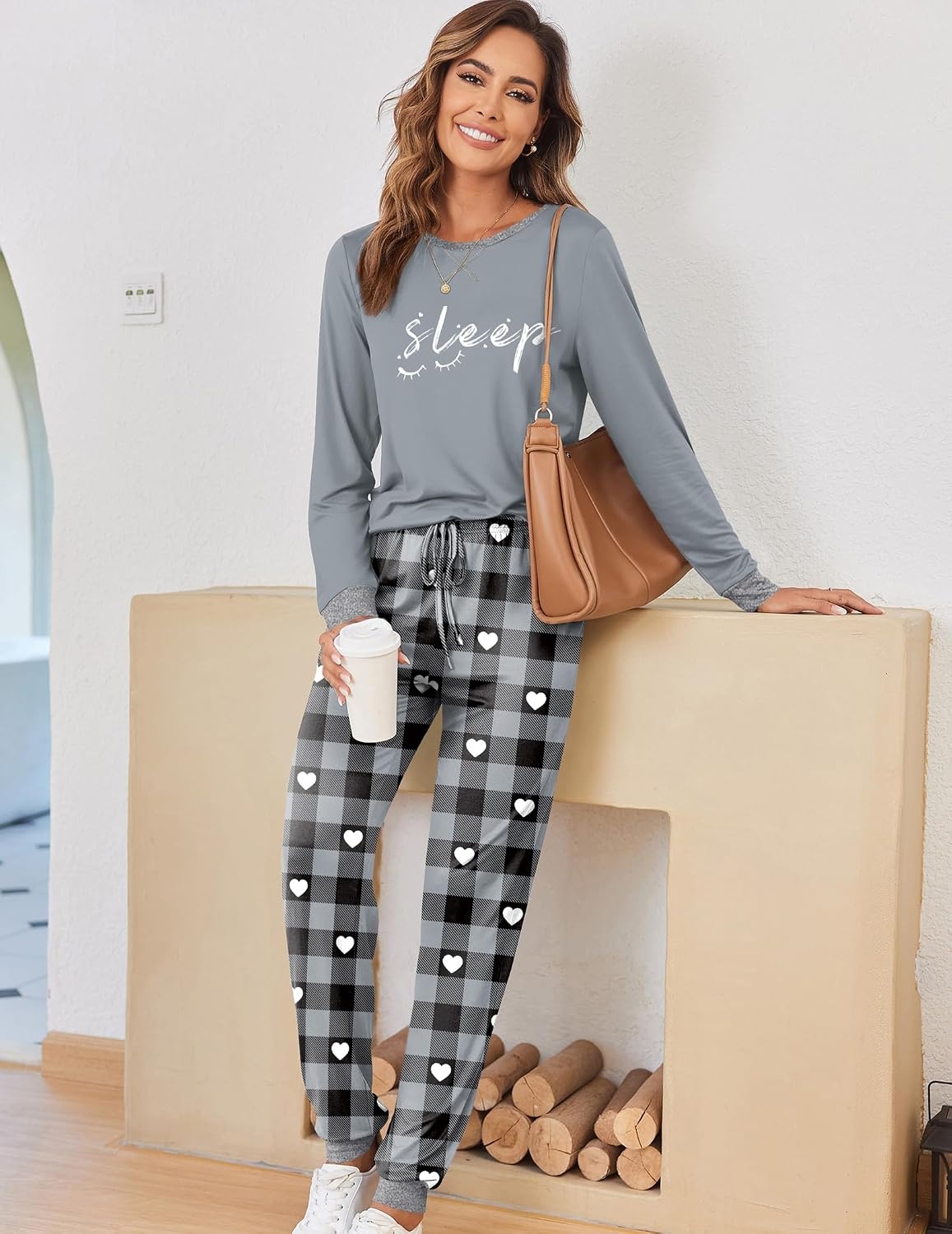 image:imageEkouaer Pajamas for Women Comfy Long Sleeve Jogger Set Lounge Pjs SetGrey Contrast Plaid