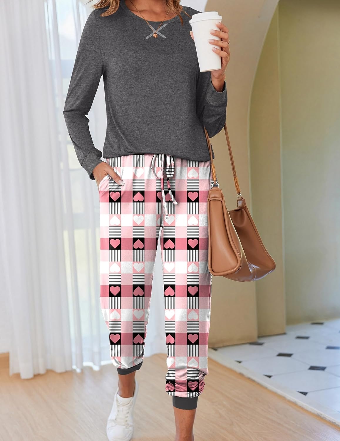 image:imageEkouaer Pajamas for Women Comfy Long Sleeve Jogger Set Lounge Pjs SetGrey Pink Heart Plaid