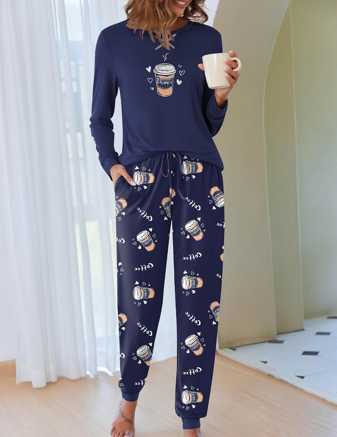 image:imageEkouaer Pajamas for Women Comfy Long Sleeve Jogger Set Lounge Pjs SetNavy Blue Coffee Cups