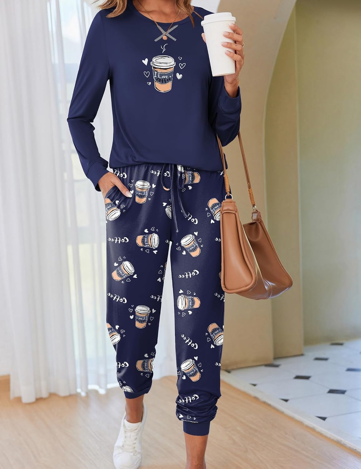 image:imageEkouaer Pajamas for Women Comfy Long Sleeve Jogger Set Lounge Pjs SetNavy Blue Coffee Cups