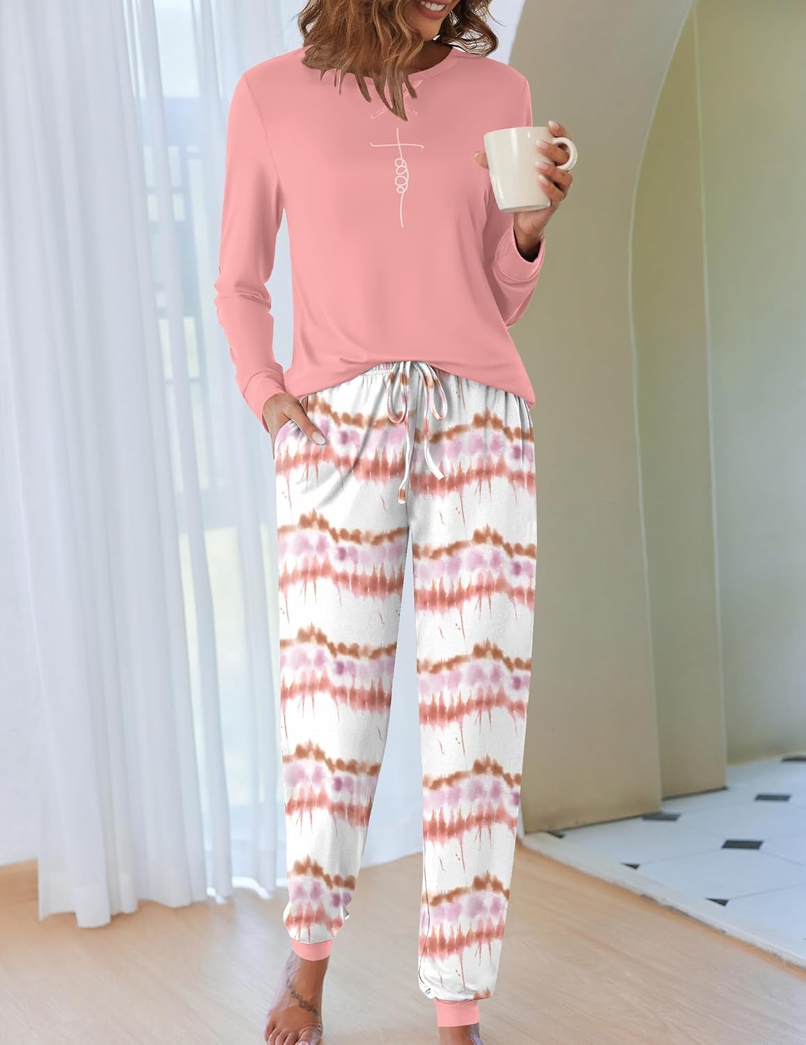 image:imageEkouaer Pajamas for Women Comfy Long Sleeve Jogger Set Lounge Pjs SetPink Contrast Stripes