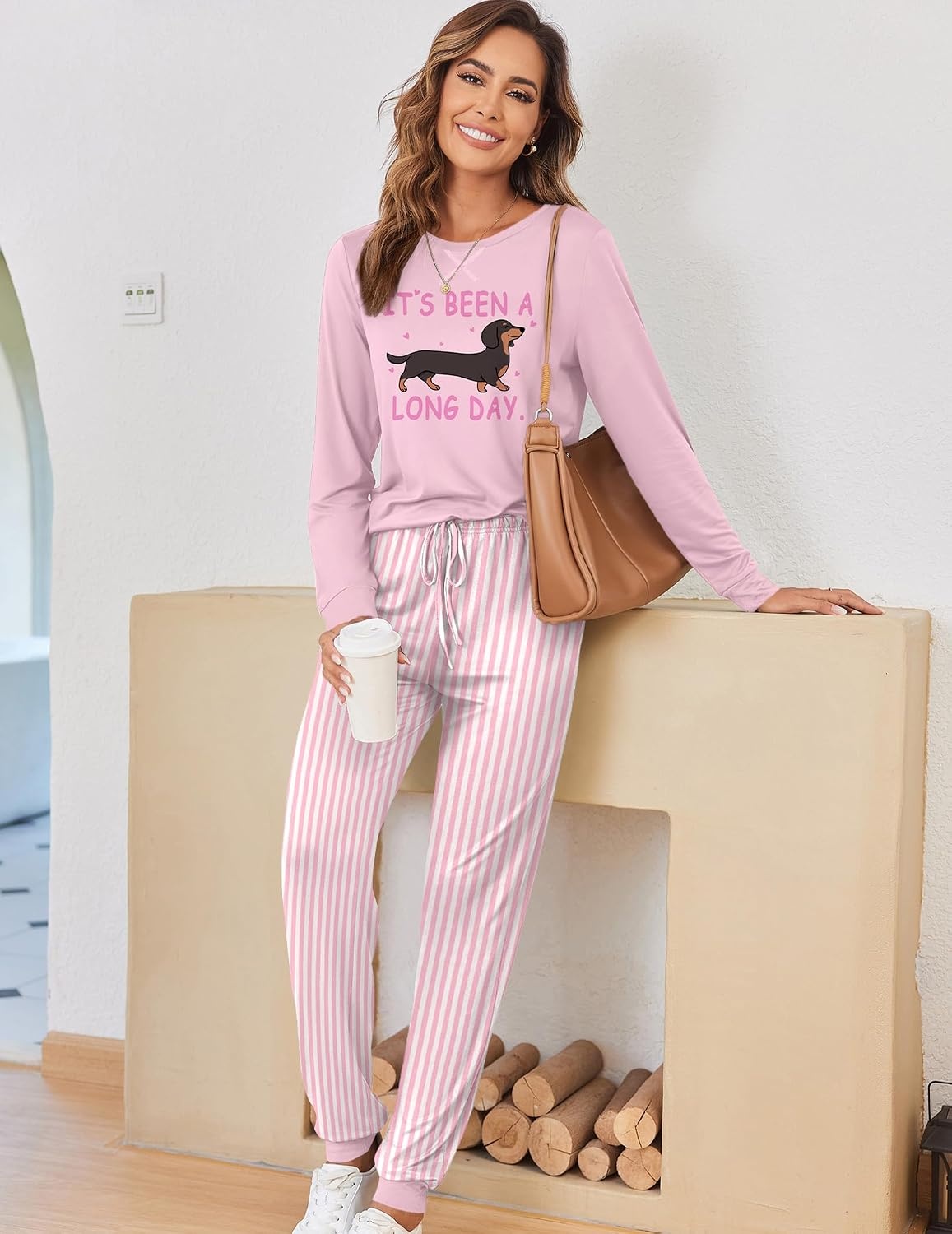 image:imageEkouaer Pajamas for Women Comfy Long Sleeve Jogger Set Lounge Pjs SetPink Dog and Stripes
