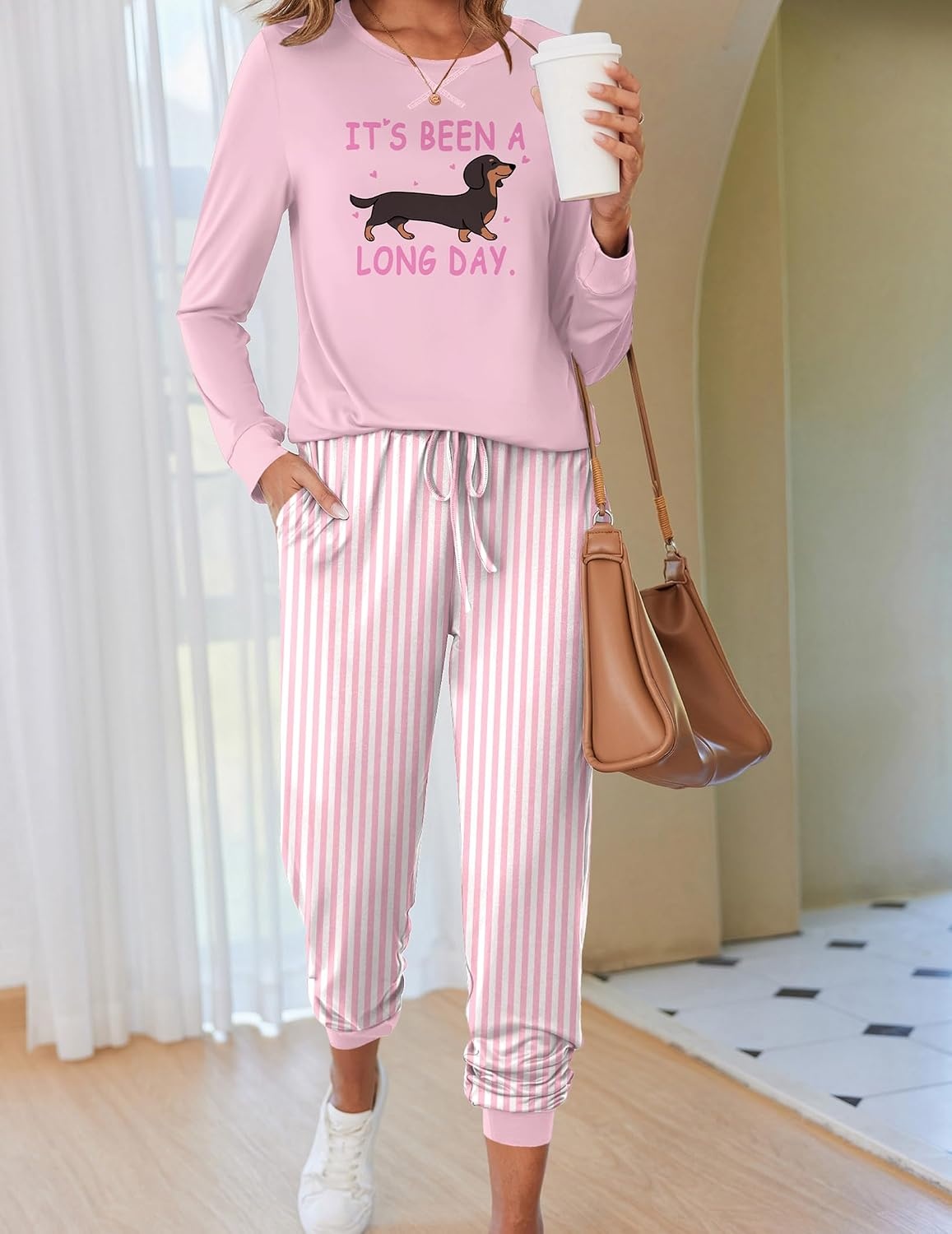 image:imageEkouaer Pajamas for Women Comfy Long Sleeve Jogger Set Lounge Pjs SetPink Dog and Stripes