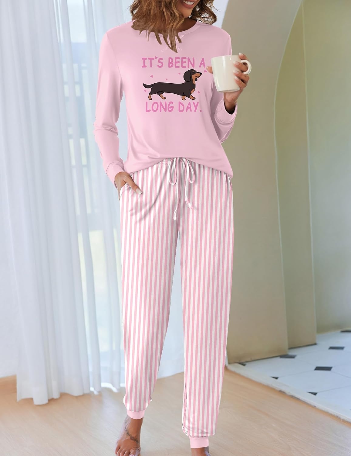 image:imageEkouaer Pajamas for Women Comfy Long Sleeve Jogger Set Lounge Pjs SetPink Dog and Stripes