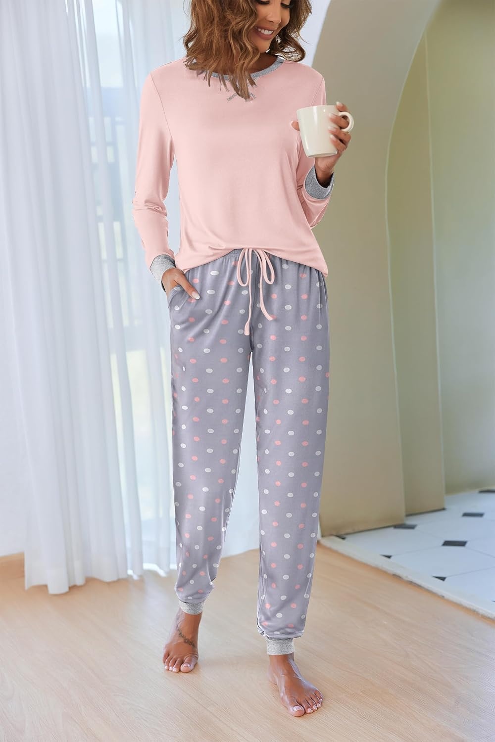 image:imageEkouaer Pajamas for Women Comfy Long Sleeve Jogger Set Lounge Pjs SetPink Polka Dots