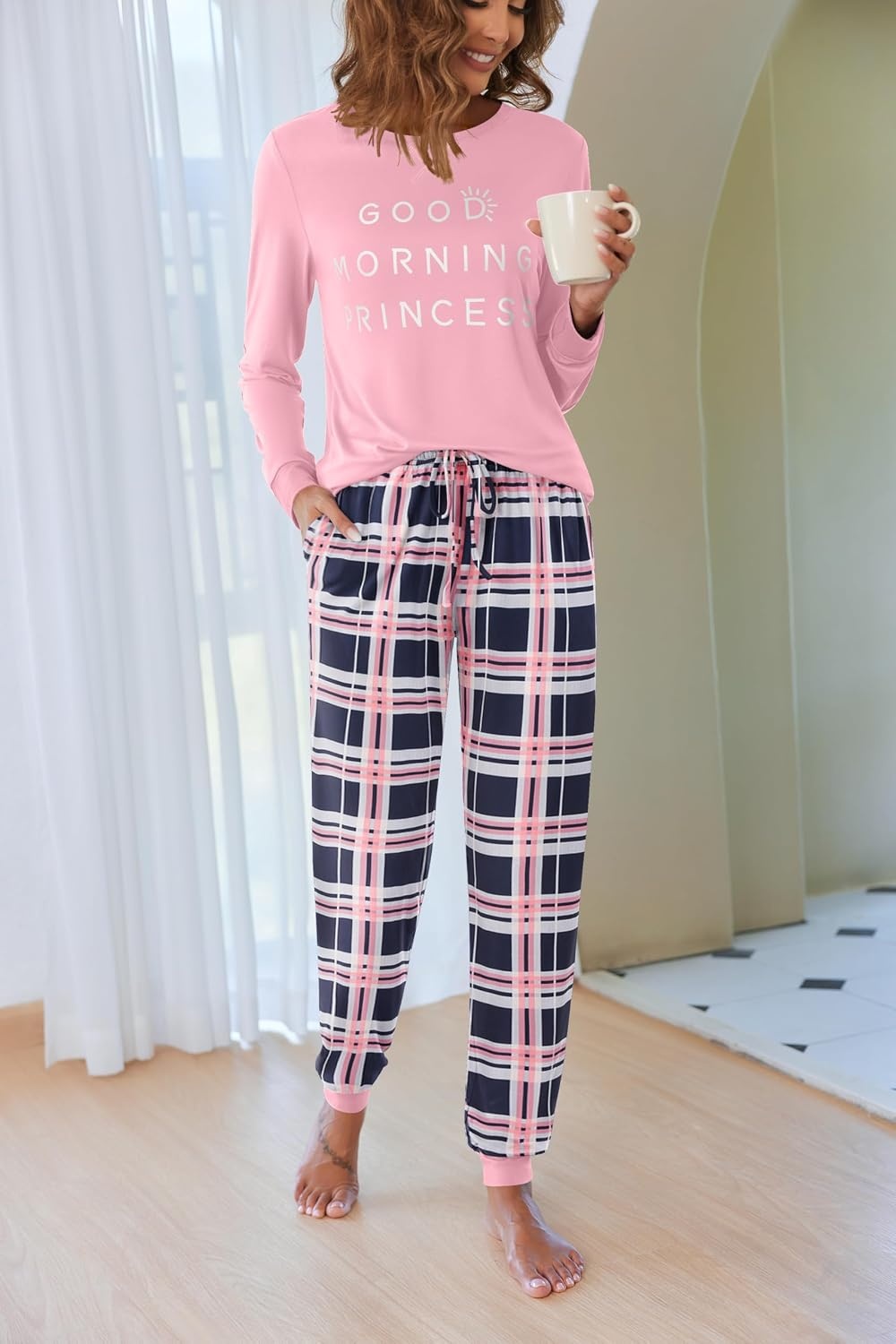 image:imageEkouaer Pajamas for Women Comfy Long Sleeve Jogger Set Lounge Pjs SetPink Princess Plaid