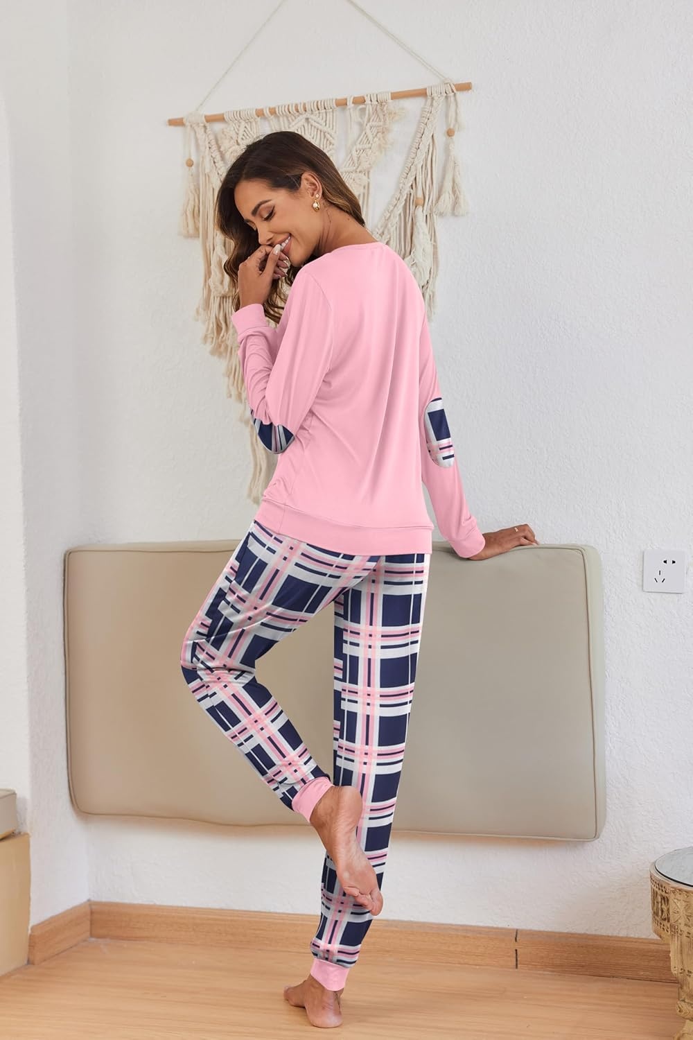 image:imageEkouaer Pajamas for Women Comfy Long Sleeve Jogger Set Lounge Pjs SetPink Princess Plaid