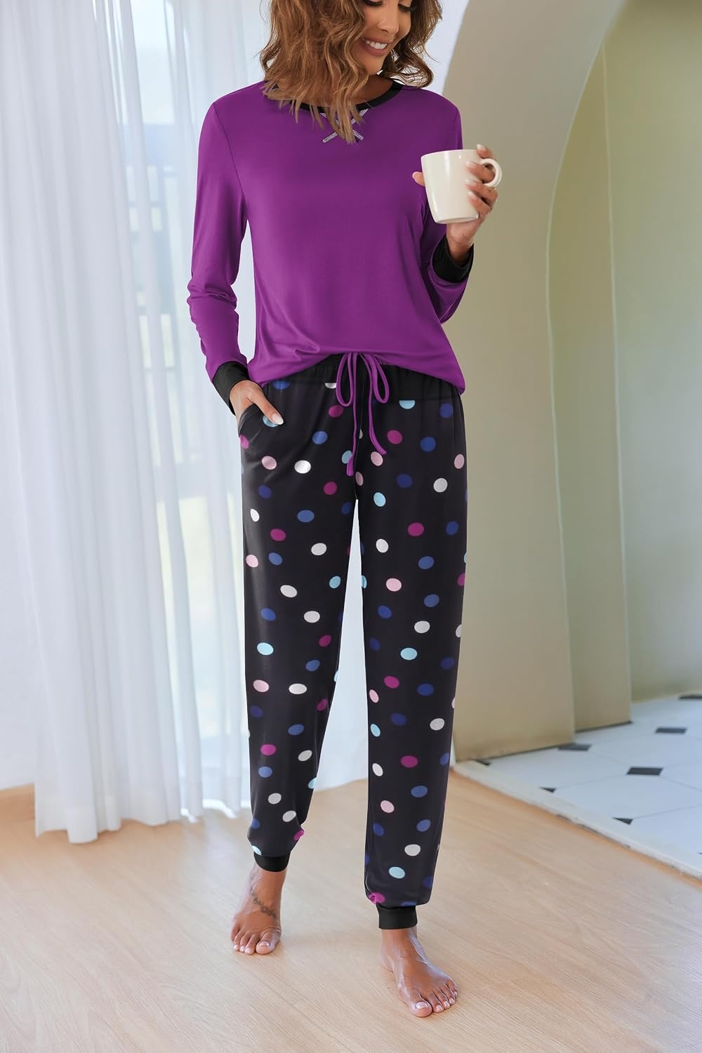 image:imageEkouaer Pajamas for Women Comfy Long Sleeve Jogger Set Lounge Pjs SetPurple Polka Dots