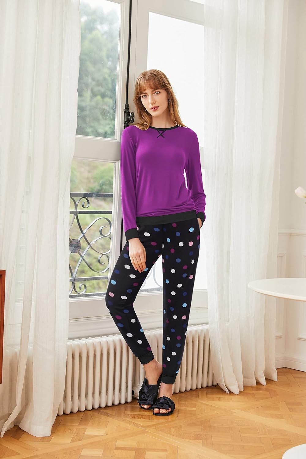 image:imageEkouaer Pajamas for Women Comfy Long Sleeve Jogger Set Lounge Pjs SetPurple Polka Dots