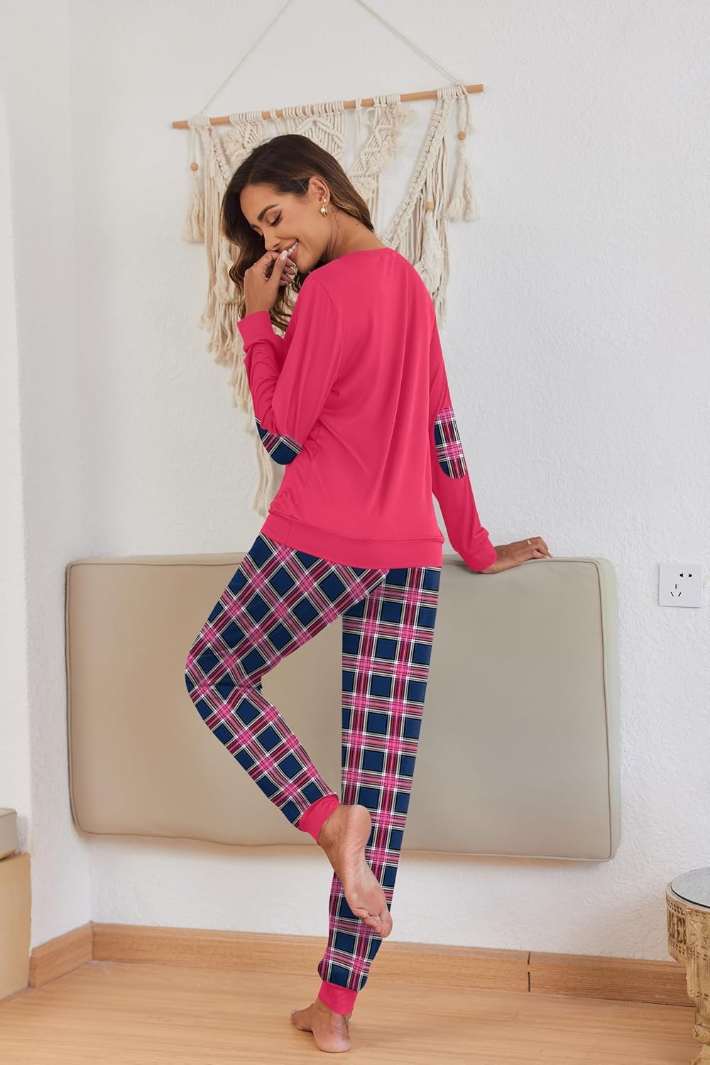 image:imageEkouaer Pajamas for Women Comfy Long Sleeve Jogger Set Lounge Pjs SetRose Plaid