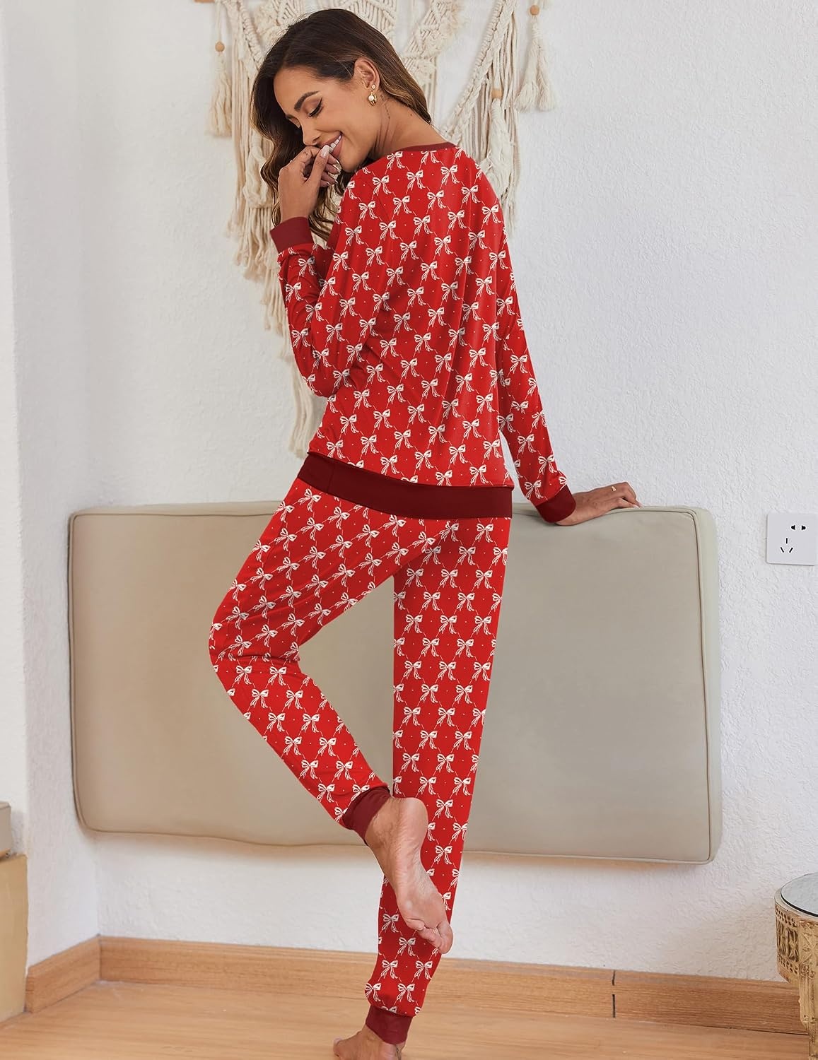 image:imageEkouaer Pajamas for Women Comfy Long Sleeve Jogger Set Lounge Pjs SetWine Red Bow Knot