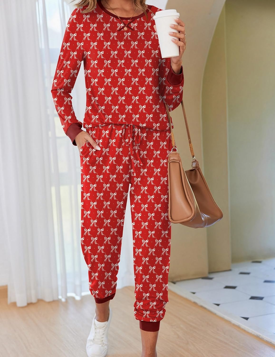 image:imageEkouaer Pajamas for Women Comfy Long Sleeve Jogger Set Lounge Pjs SetWine Red Bow Knot