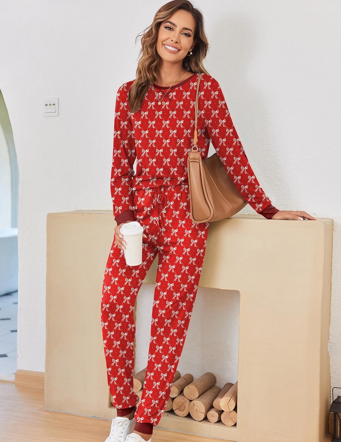 image:imageEkouaer Pajamas for Women Comfy Long Sleeve Jogger Set Lounge Pjs SetWine Red Bow Knot