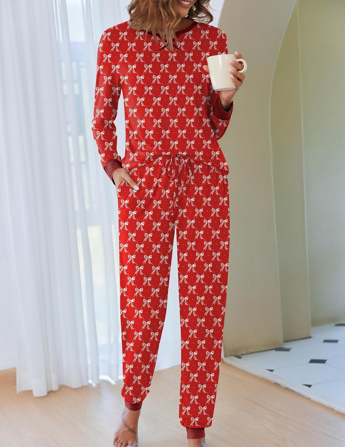 image:imageEkouaer Pajamas for Women Comfy Long Sleeve Jogger Set Lounge Pjs SetWine Red Bow Knot