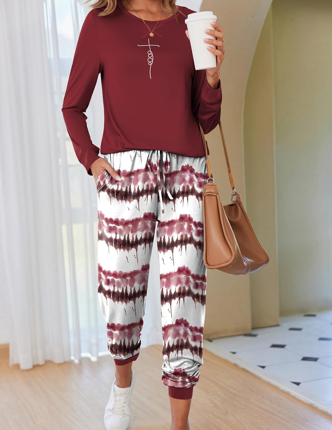 image:imageEkouaer Pajamas for Women Comfy Long Sleeve Jogger Set Lounge Pjs SetWine Red Contrast Stripes