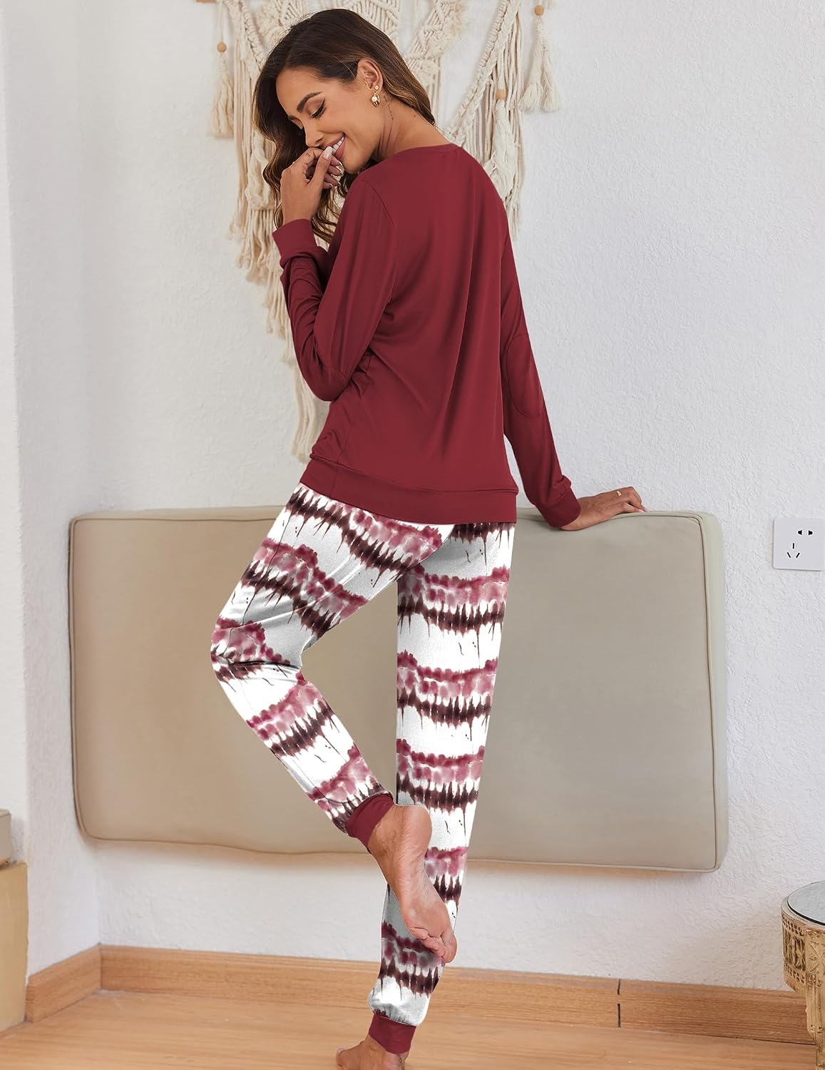 image:imageEkouaer Pajamas for Women Comfy Long Sleeve Jogger Set Lounge Pjs SetWine Red Contrast Stripes
