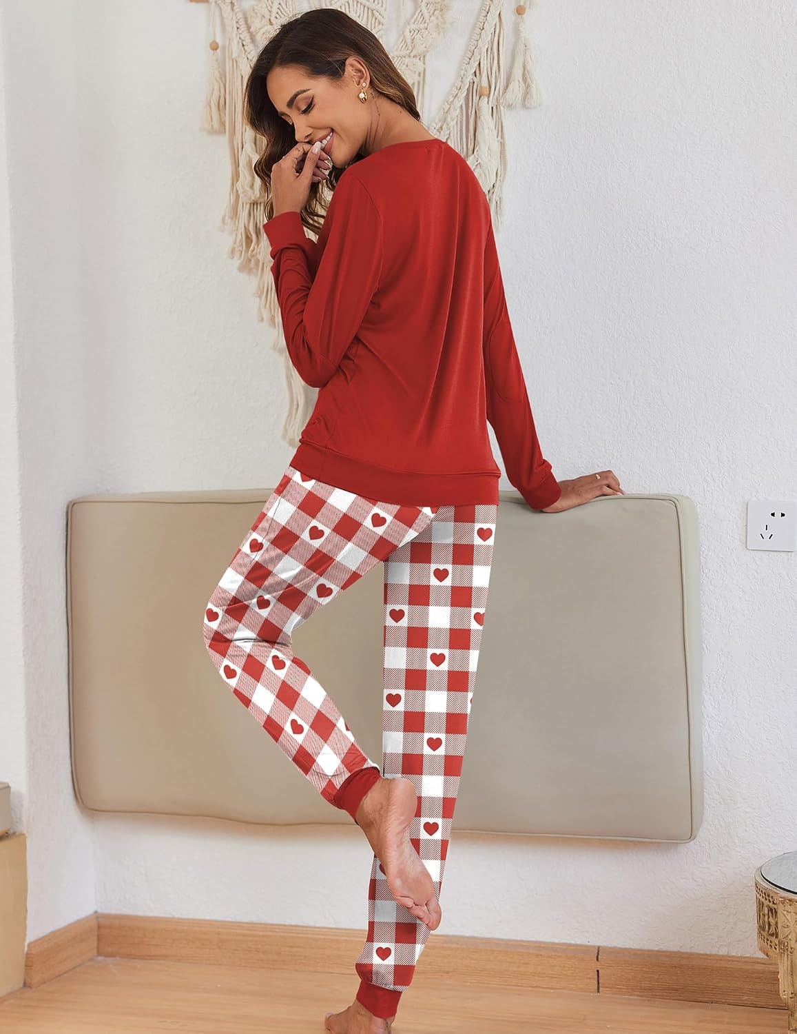 image:imageEkouaer Pajamas for Women Comfy Long Sleeve Jogger Set Lounge Pjs SetWine Red Heart Plaid