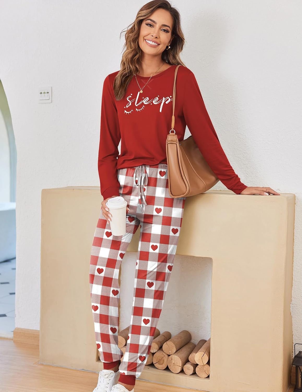 image:imageEkouaer Pajamas for Women Comfy Long Sleeve Jogger Set Lounge Pjs SetWine Red Heart Plaid