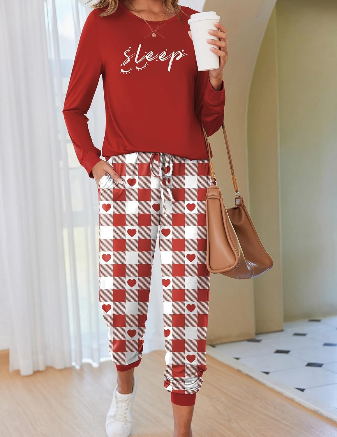 image:imageEkouaer Pajamas for Women Comfy Long Sleeve Jogger Set Lounge Pjs SetWine Red Heart Plaid