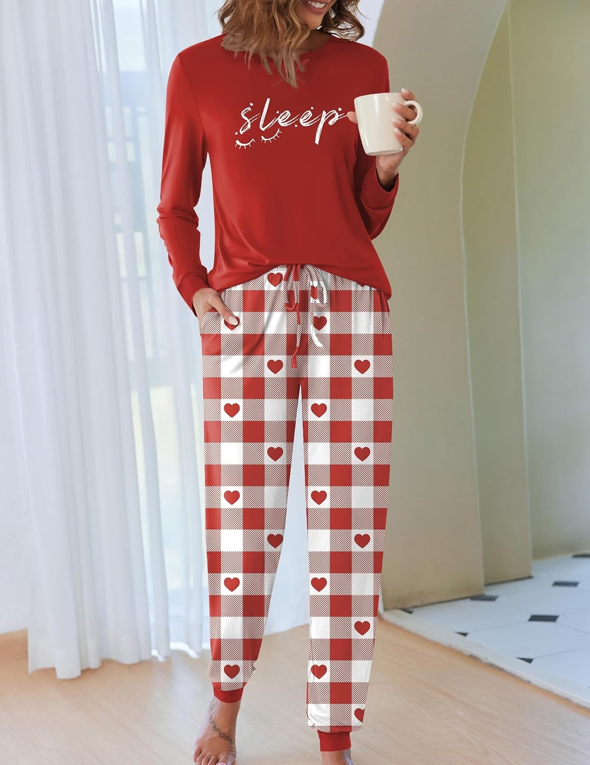 image:imageEkouaer Pajamas for Women Comfy Long Sleeve Jogger Set Lounge Pjs SetWine Red Heart Plaid