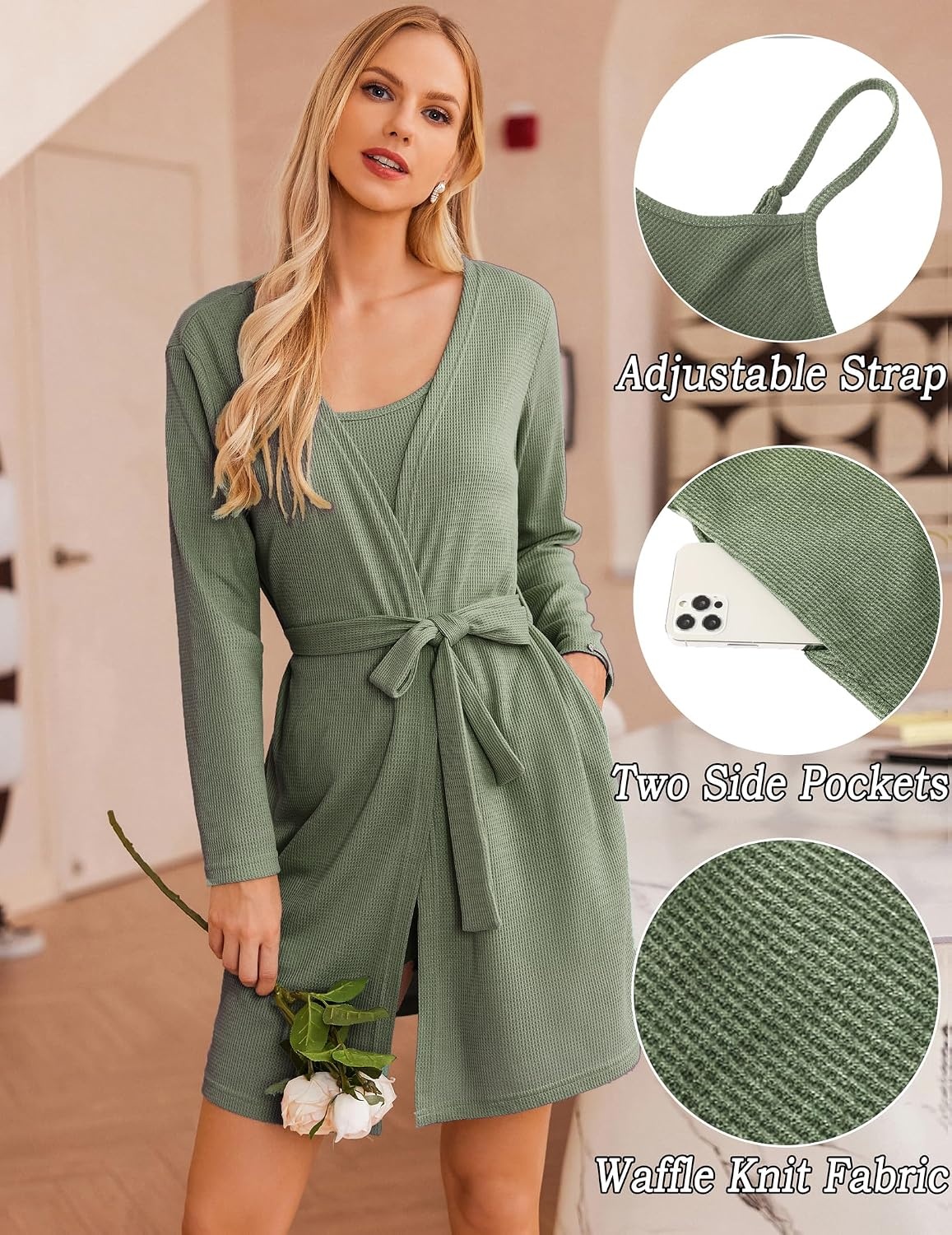 image:imageEkouaer Pajamas for Women Set 3 Piece Soft Waffle Knit Loungewear OutfitArmy Green