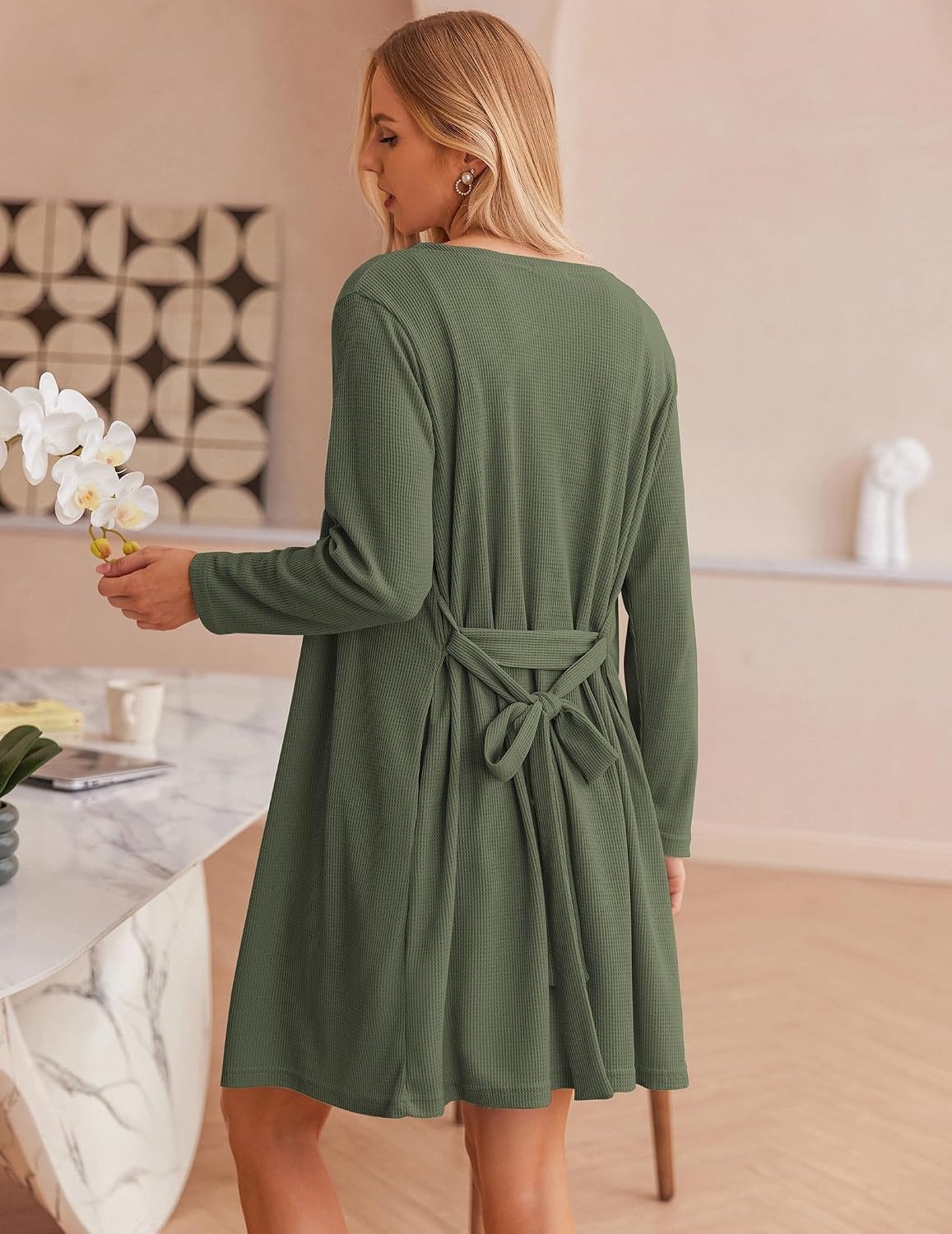 image:imageEkouaer Pajamas for Women Set 3 Piece Soft Waffle Knit Loungewear OutfitArmy Green