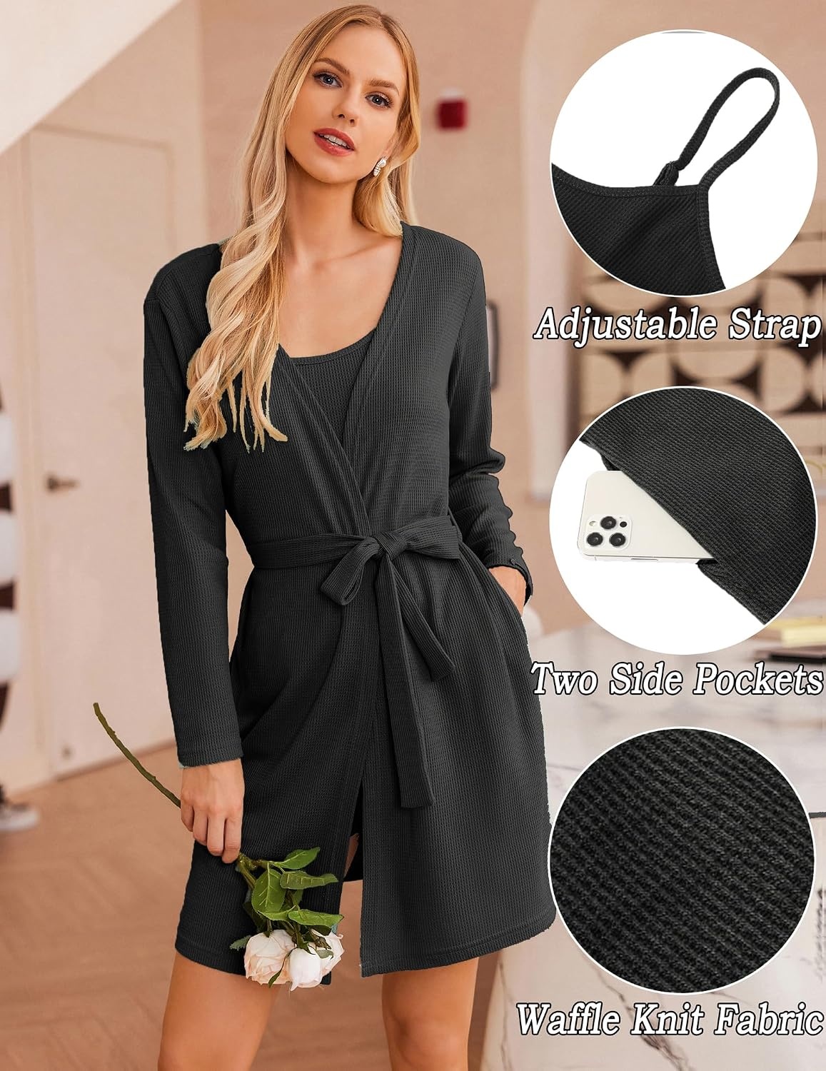 image:imageEkouaer Pajamas for Women Set 3 Piece Soft Waffle Knit Loungewear OutfitBlack
