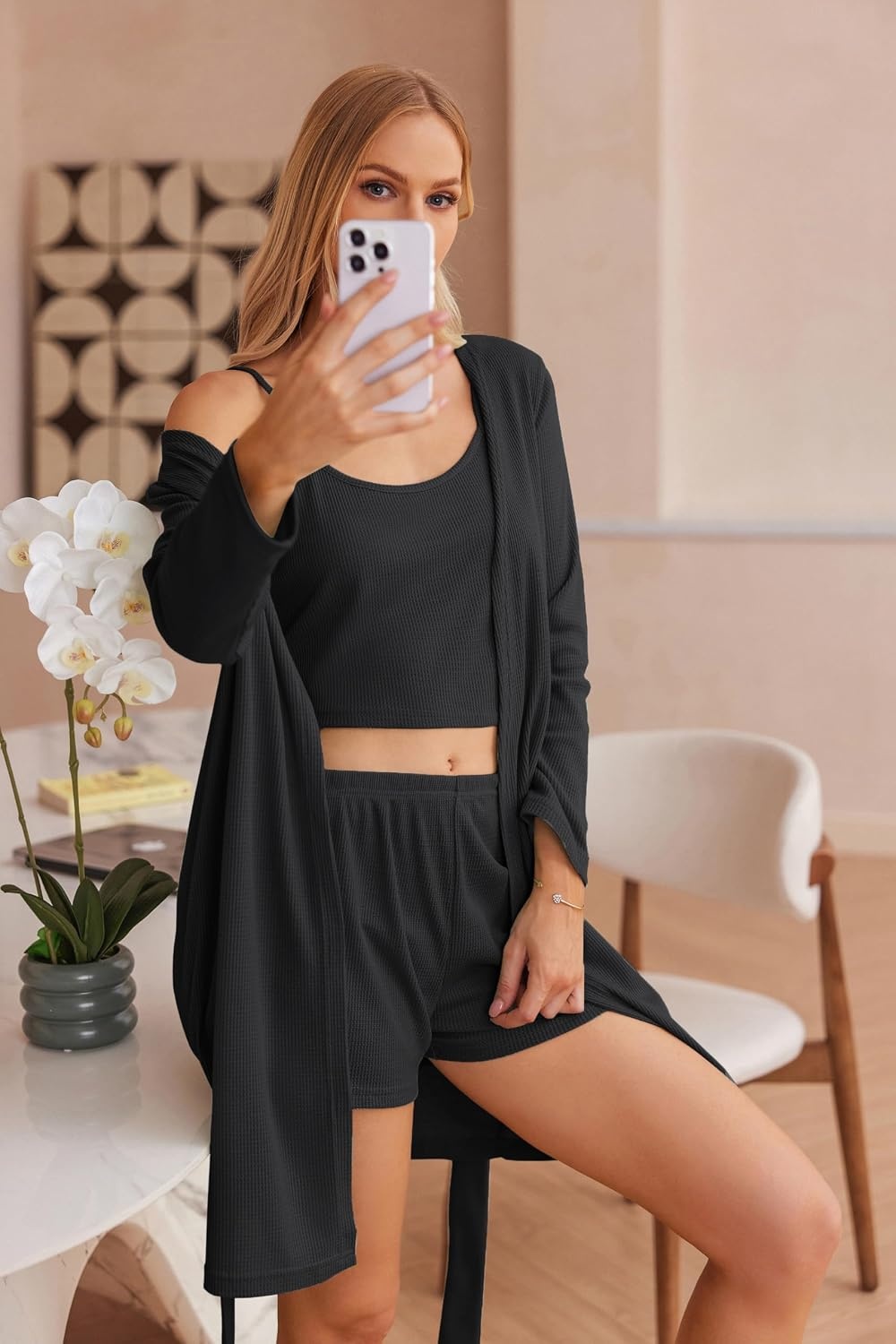 image:imageEkouaer Pajamas for Women Set 3 Piece Soft Waffle Knit Loungewear OutfitBlack11