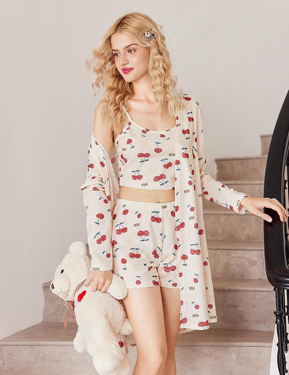 image:imageEkouaer Pajamas for Women Set 3 Piece Soft Waffle Knit Loungewear OutfitCherry Teddy Bear