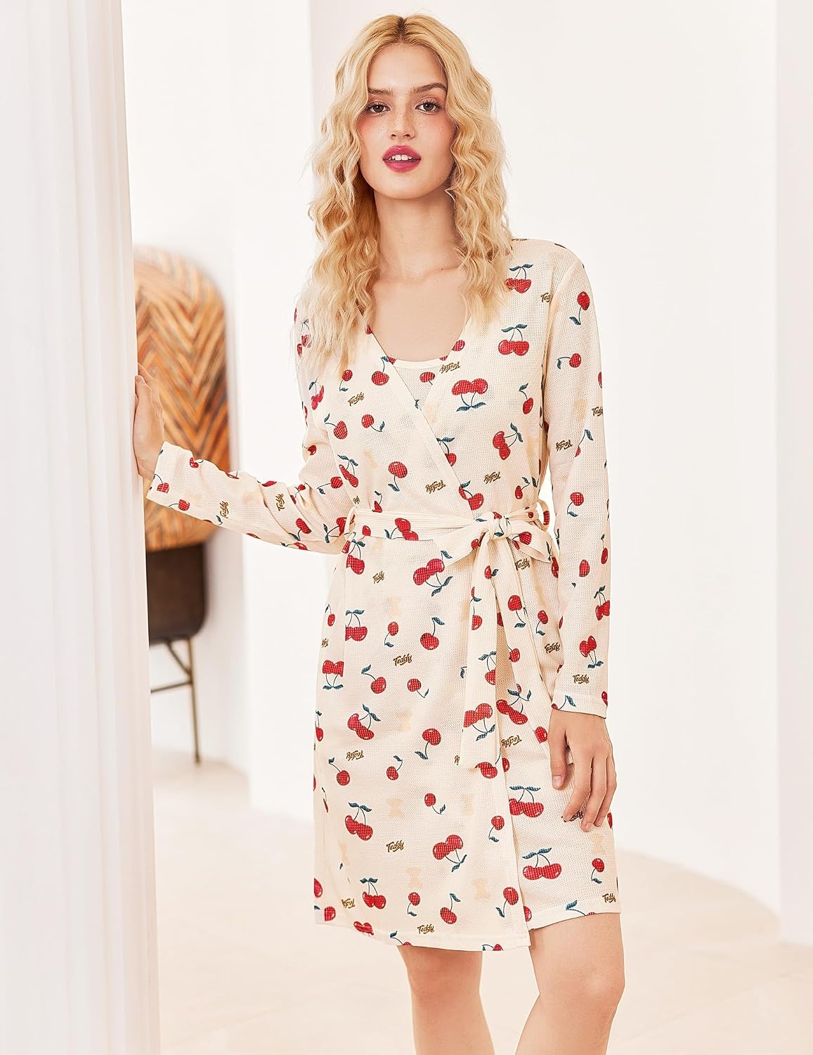 image:imageEkouaer Pajamas for Women Set 3 Piece Soft Waffle Knit Loungewear OutfitCherry Teddy Bear