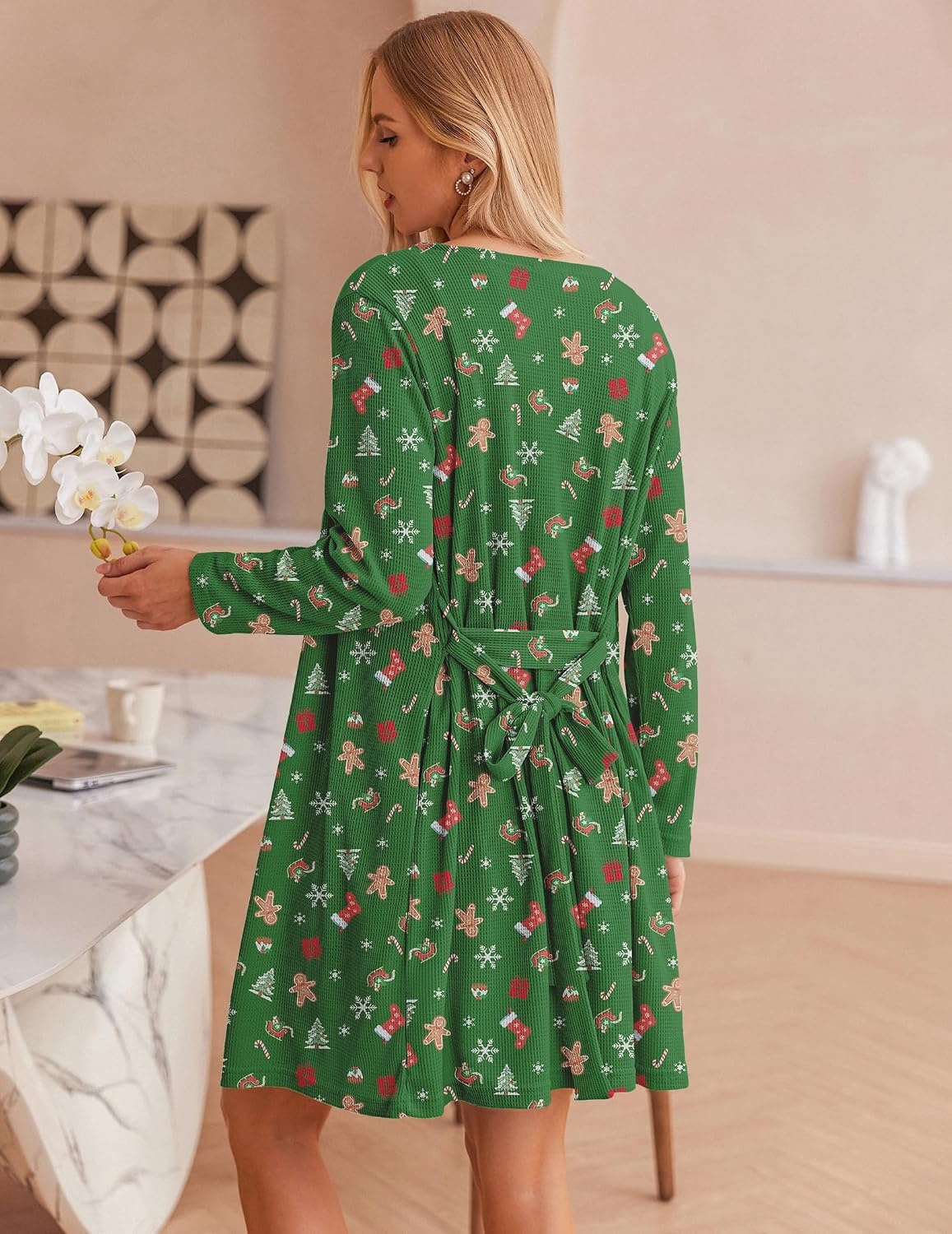image:imageEkouaer Pajamas for Women Set 3 Piece Soft Waffle Knit Loungewear OutfitGreen Christmas Pattern