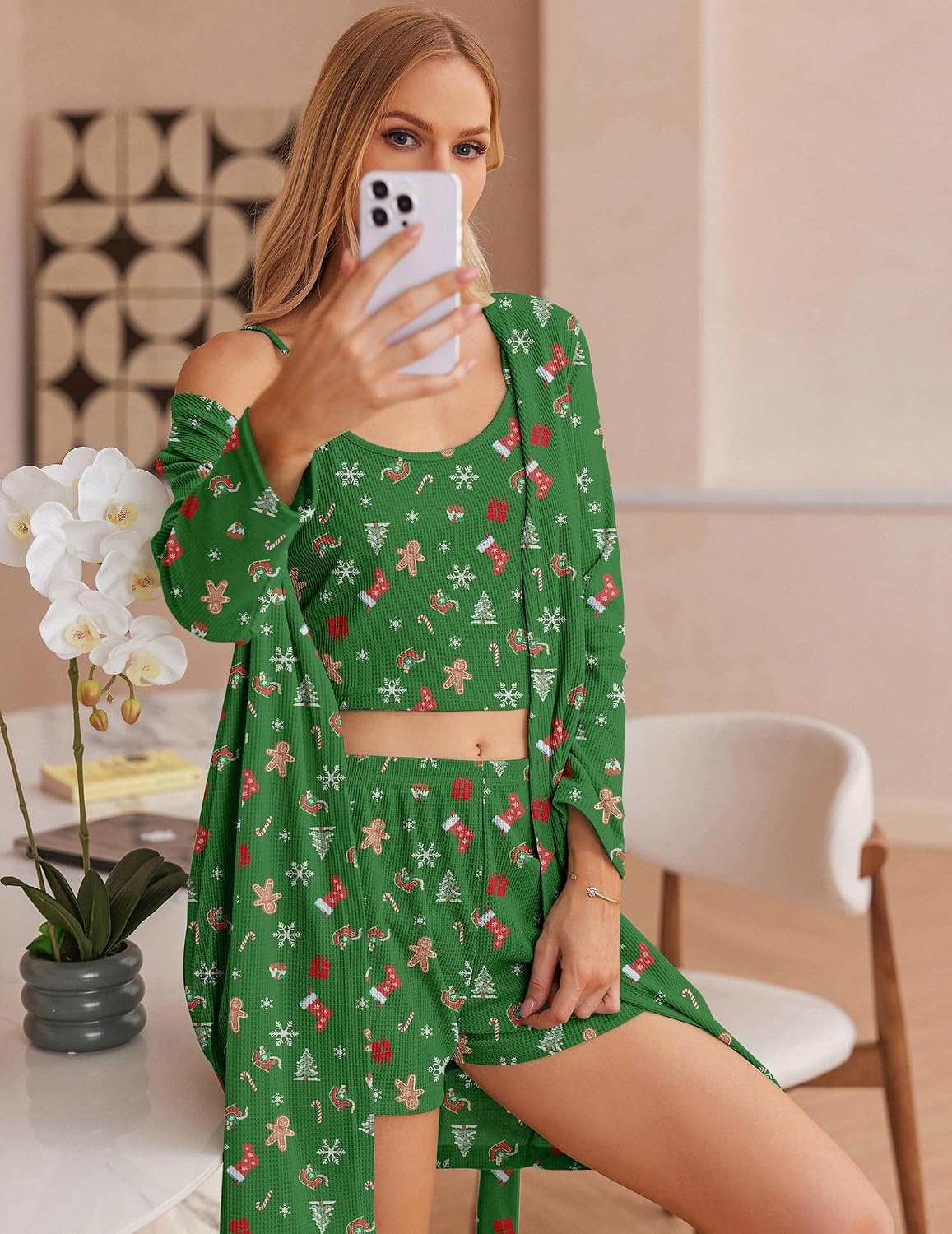 image:imageEkouaer Pajamas for Women Set 3 Piece Soft Waffle Knit Loungewear OutfitGreen Christmas Pattern