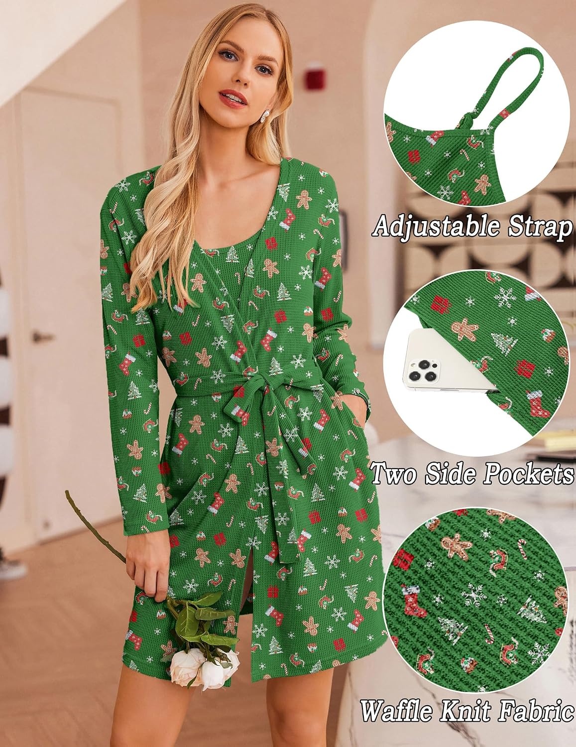 image:imageEkouaer Pajamas for Women Set 3 Piece Soft Waffle Knit Loungewear OutfitGreen Christmas Pattern