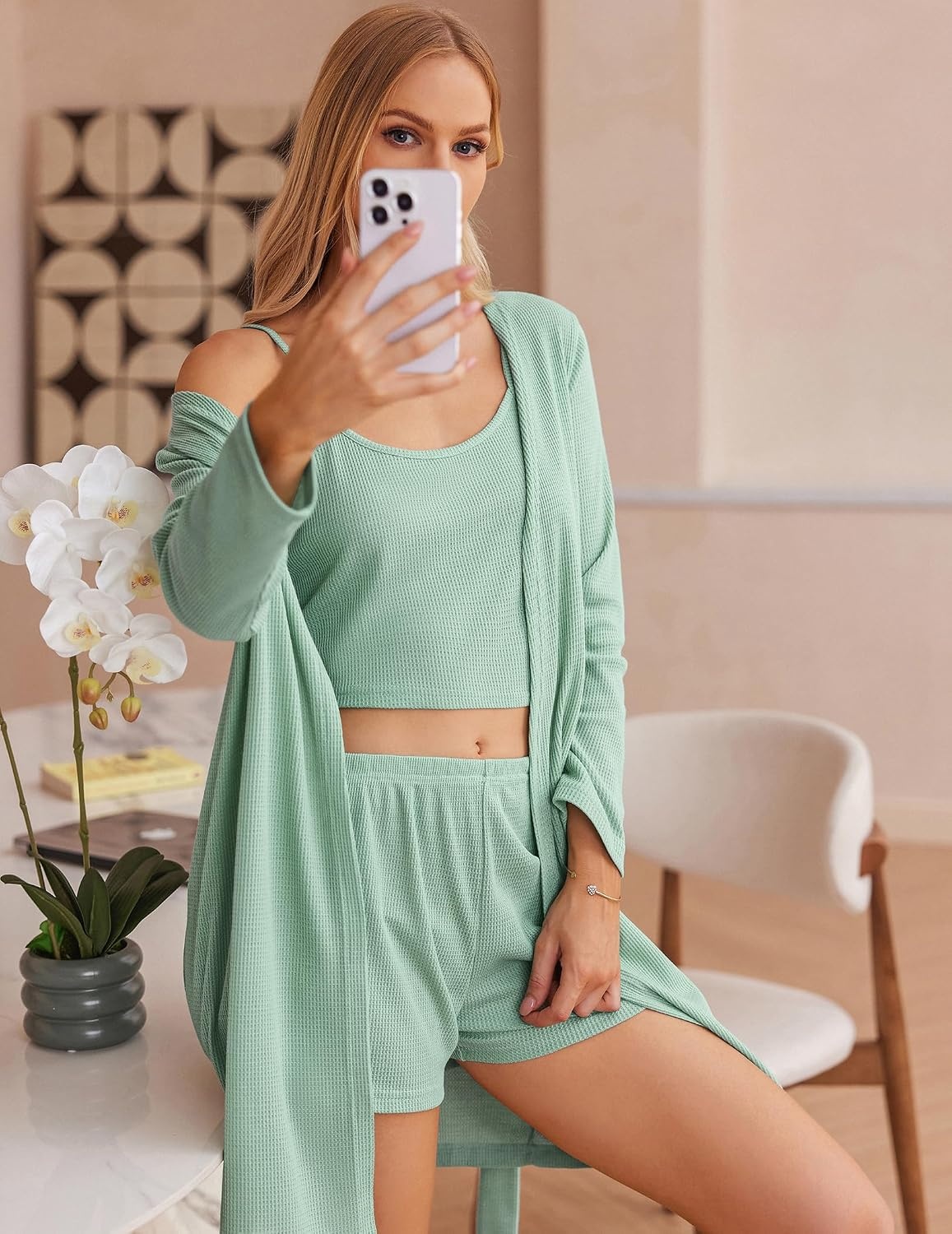 image:imageEkouaer Pajamas for Women Set 3 Piece Soft Waffle Knit Loungewear OutfitGrey Green