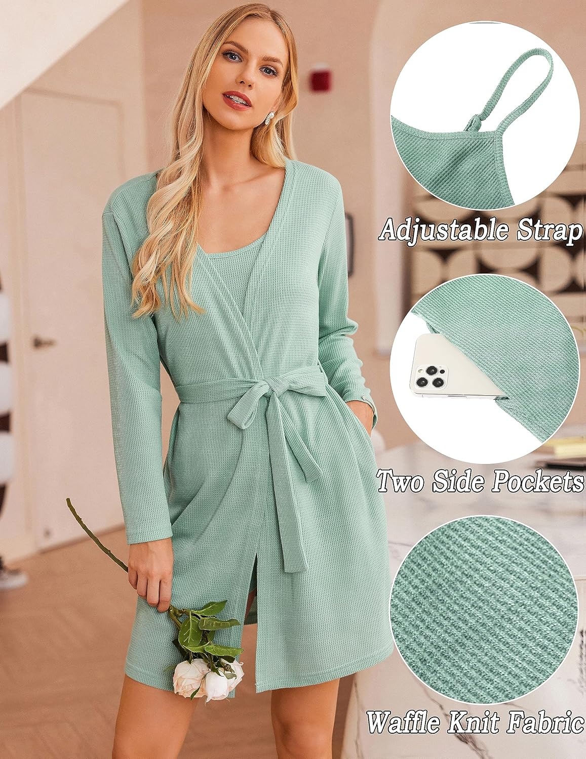 image:imageEkouaer Pajamas for Women Set 3 Piece Soft Waffle Knit Loungewear OutfitGrey Green