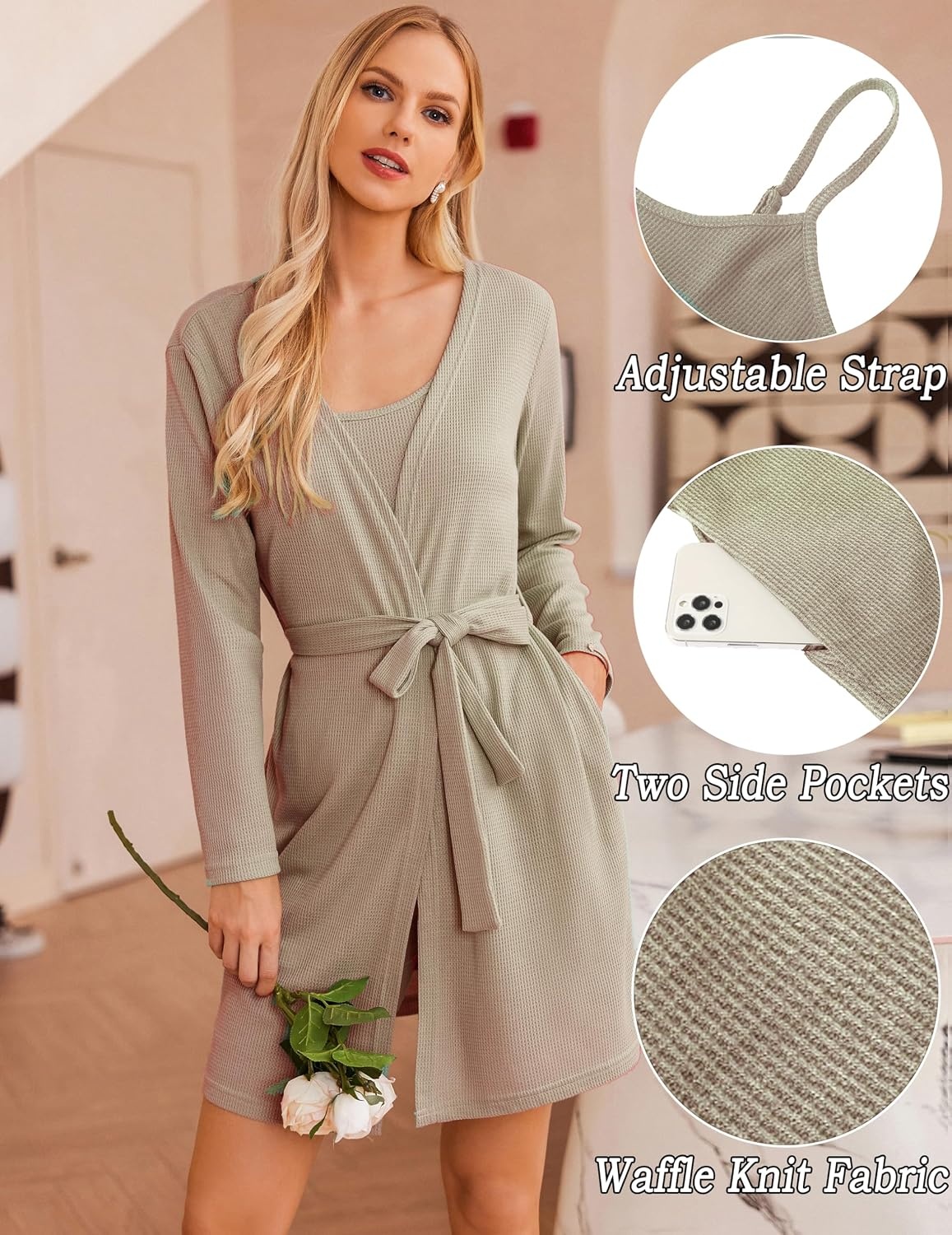 image:imageEkouaer Pajamas for Women Set 3 Piece Soft Waffle Knit Loungewear OutfitKhaki